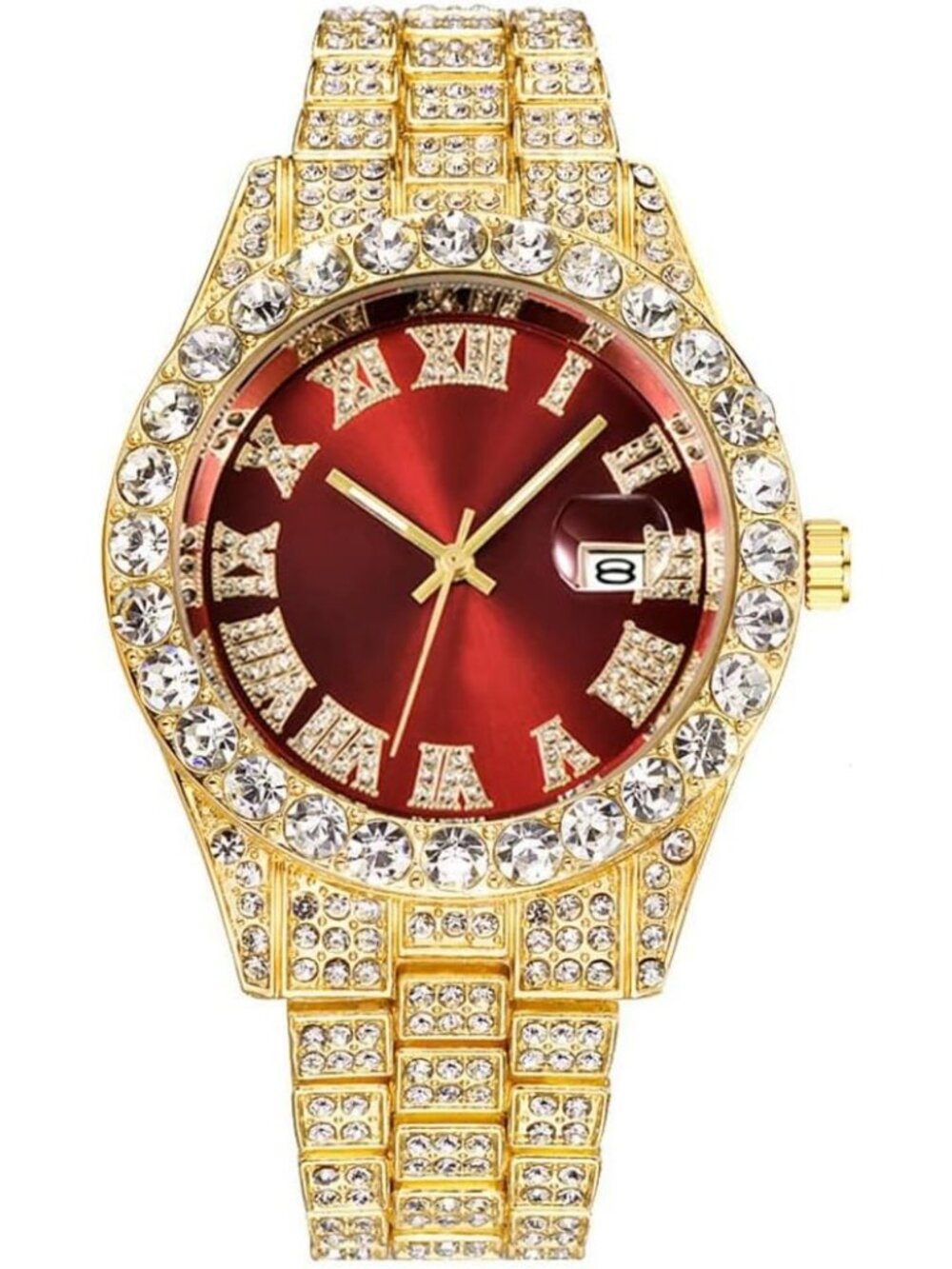 Unisex Gold Red Crystal Diamond Quartz Analog Fashion Roman Big Hip Hop Watch